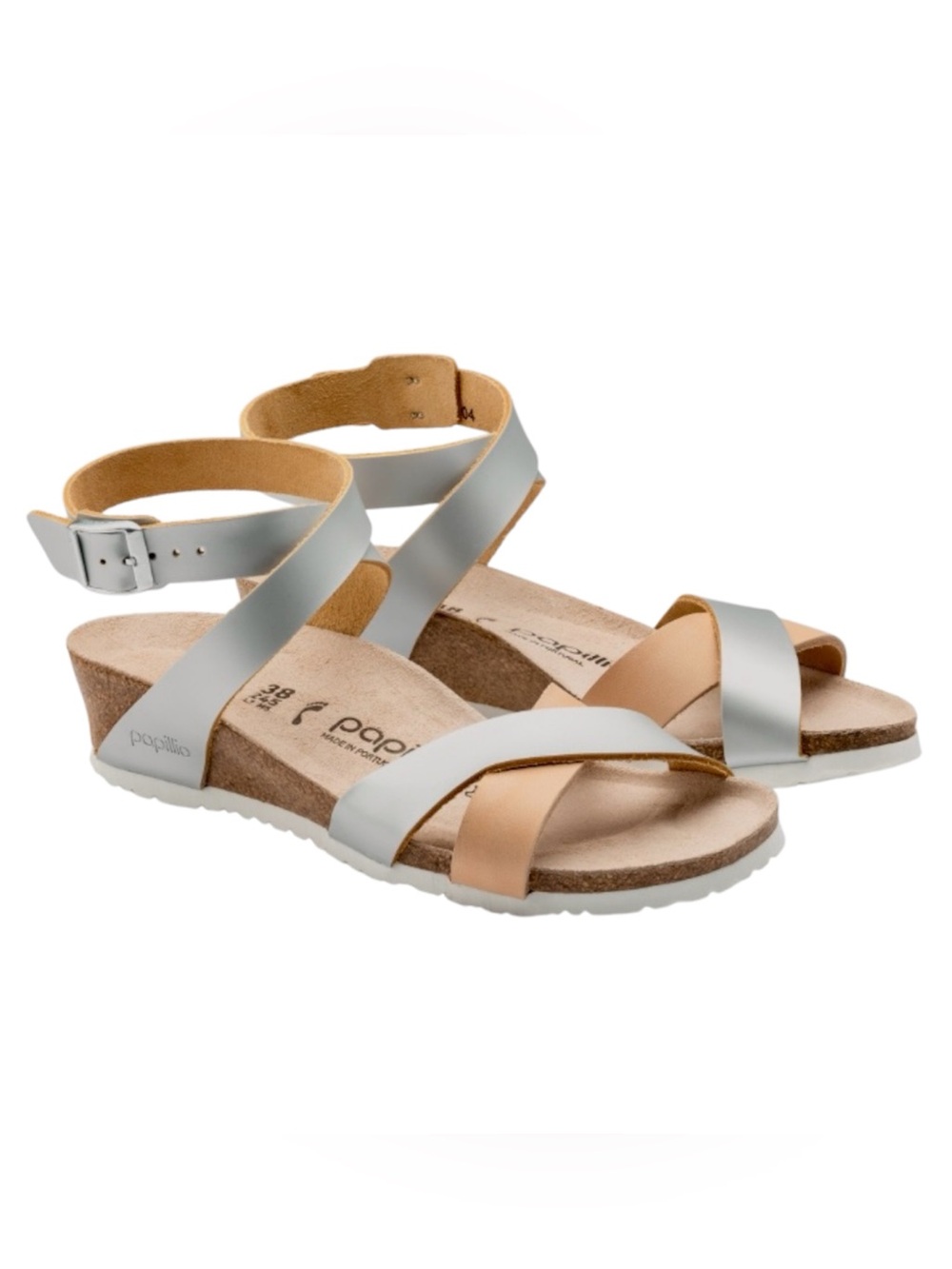 Papillio By Birkenstock Lola Tan Silver Adjustable Wedge Sandal Size 38, 7-7.5